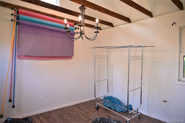 23744 Liddle St, Brownstown, MI 48183 - interior space featuring a chandelier, wood finished floors, baseboards, and beam ceiling