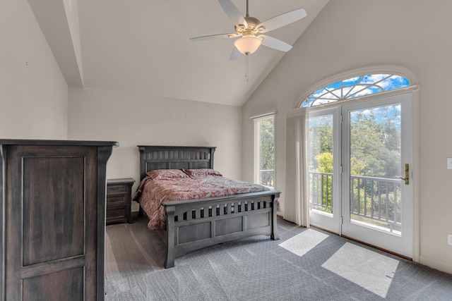 1780 Williamsburg Dr, Adrian, MI 49221 - carpeted bedroom featuring access to outside, high vaulted ceiling, and ceiling fan