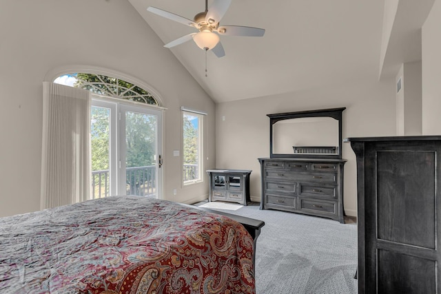 1780 Williamsburg Dr, Adrian, MI 49221 - carpeted bedroom featuring access to exterior, high vaulted ceiling, a ceiling fan, and baseboards