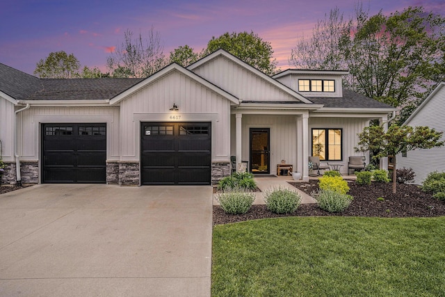 6617 Sheldon Crossing Dr, Hudsonville, MI 49426 - modern farmhouse style home with a garage, driveway, board and batten siding, a front lawn, and a shingled roof