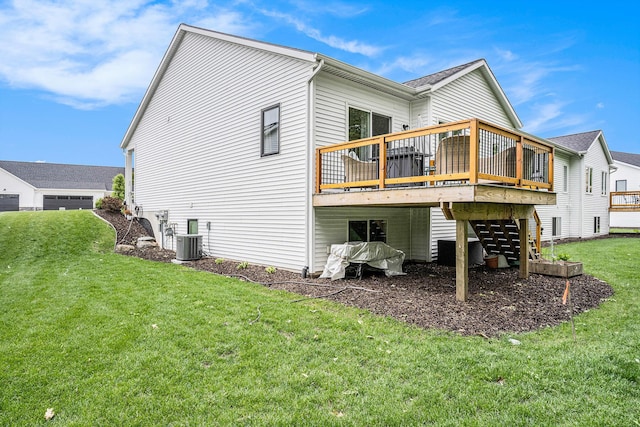 6617 Sheldon Crossing Dr, Hudsonville, MI 49426 - rear view of house featuring a deck, a lawn, stairway, and cooling unit