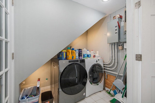 1710 Kreft St NE, Grand Rapids, MI 49525 - laundry room featuring independent washer and dryer, tile patterned floors, and electric panel