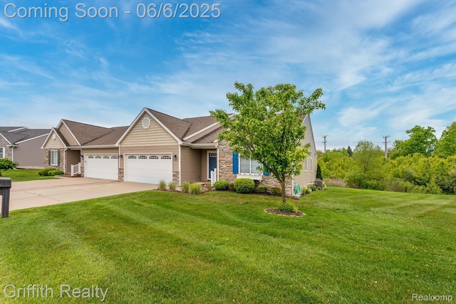 2870 Grand Marais Dr, Howell, MI 48843 - view of front of house with stone siding, an attached garage, driveway, and a front lawn