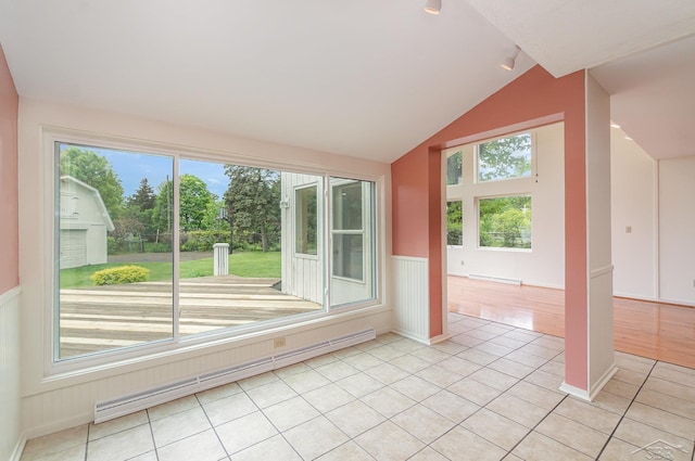 5211 S Gatesboro Dr, Saginaw, MI 48603 - unfurnished sunroom featuring healthy amount of natural light, baseboard heating, lofted ceiling, and rail lighting