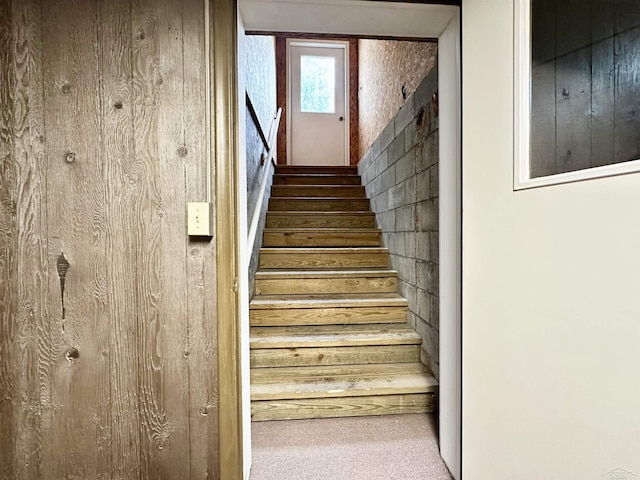 5211 S Gatesboro Dr, Saginaw, MI 48603 - staircase featuring carpet flooring and wood walls