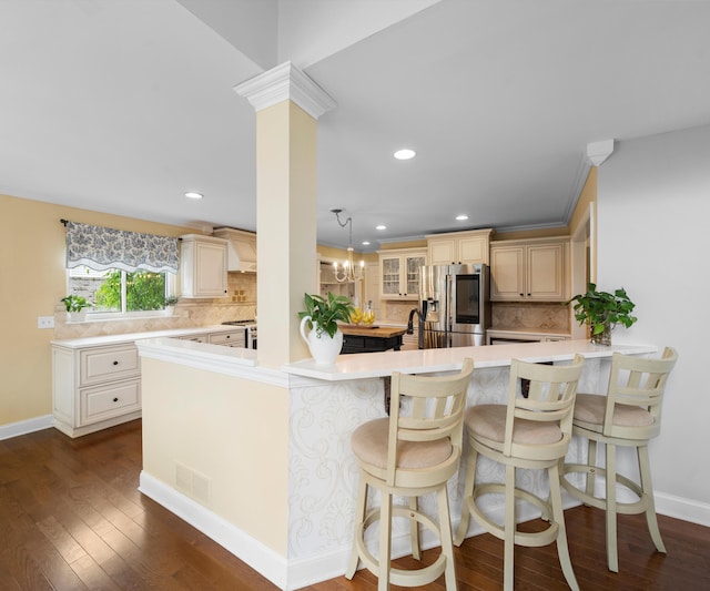 1150 Heatherlea Ct, Canton, MI 48188 - kitchen featuring stainless steel refrigerator with ice dispenser, dark wood-type flooring, tasteful backsplash, and recessed lighting