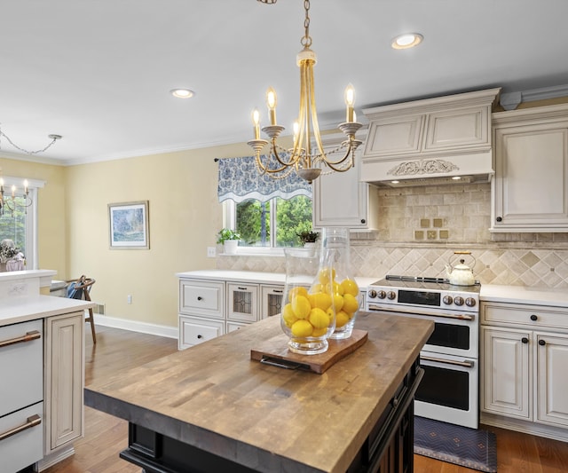 1150 Heatherlea Ct, Canton, MI 48188 - kitchen featuring a chandelier, double oven range, custom exhaust hood, wood counters, and wood finished floors