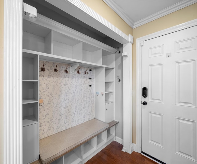 1150 Heatherlea Ct, Canton, MI 48188 - mudroom featuring ornamental molding, dark wood finished floors, and baseboards