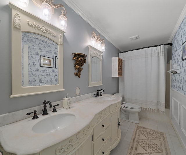 1150 Heatherlea Ct, Canton, MI 48188 - bathroom with ornamental molding, toilet, double vanity, tile patterned floors, and curtained shower