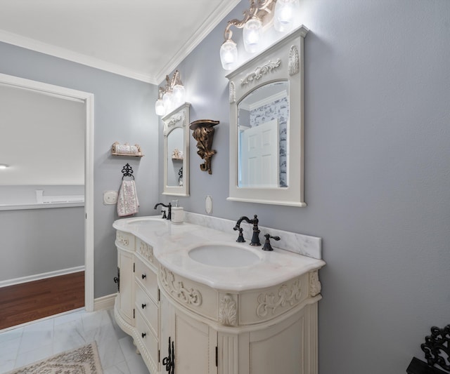 1150 Heatherlea Ct, Canton, MI 48188 - bathroom featuring double vanity and ornamental molding