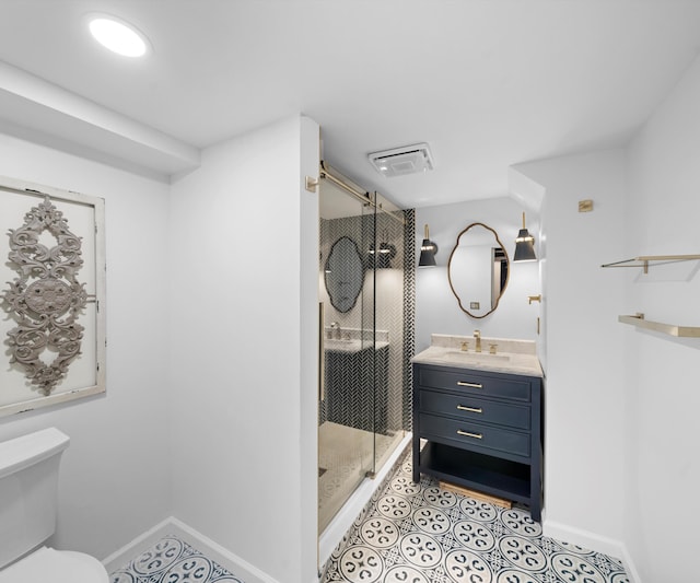 1150 Heatherlea Ct, Canton, MI 48188 - bathroom featuring vanity, toilet, a stall shower, tile patterned flooring, and baseboards