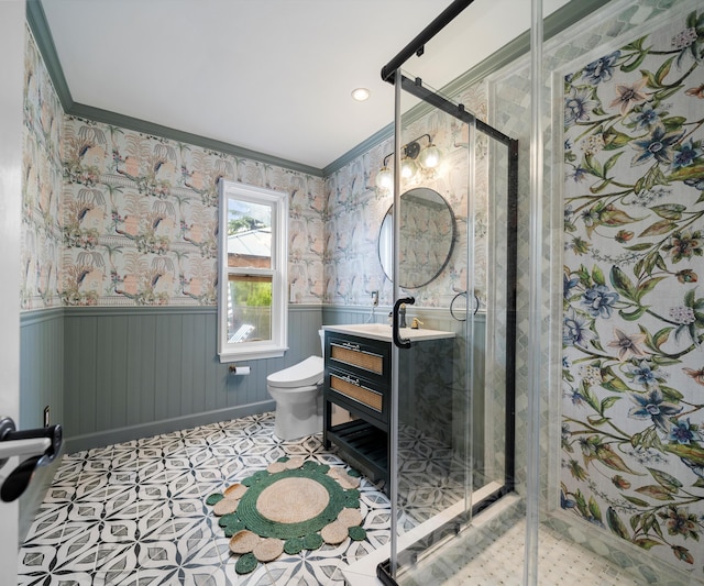 1150 Heatherlea Ct, Canton, MI 48188 - full bathroom featuring a wainscoted wall, ornamental molding, vanity, toilet, and a stall shower