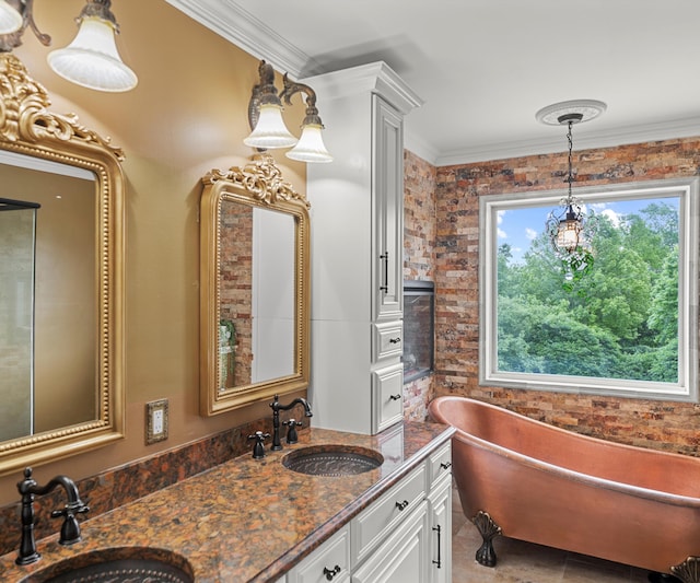 1150 Heatherlea Ct, Canton, MI 48188 - full bathroom with a freestanding bath, double vanity, tile patterned flooring, and crown molding