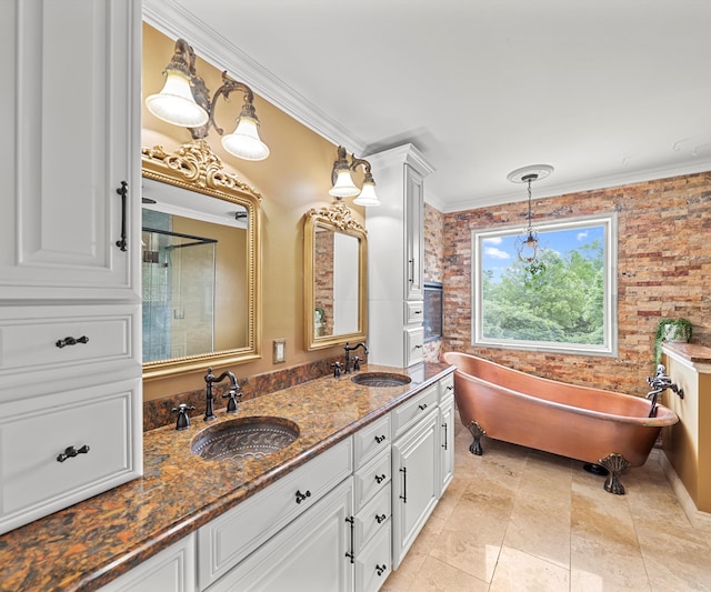 1150 Heatherlea Ct, Canton, MI 48188 - full bath with a freestanding tub, double vanity, ornamental molding, and a shower with door