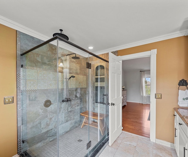 1150 Heatherlea Ct, Canton, MI 48188 - bathroom featuring ornamental molding, vanity, a stall shower, baseboards, and french doors