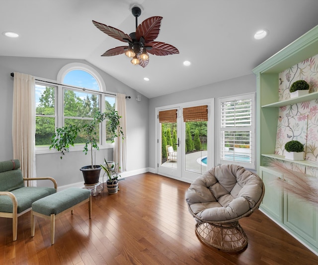 1150 Heatherlea Ct, Canton, MI 48188 - sitting room featuring lofted ceiling, hardwood / wood-style floors, ceiling fan, recessed lighting, and baseboards