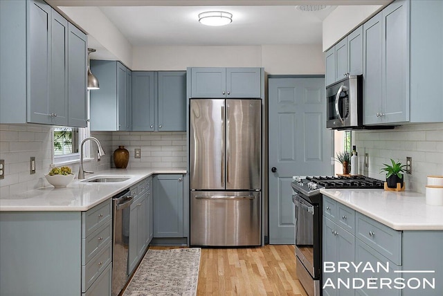 2120 Englewood Dr SE, East Grand Rapids, MI 49506 - kitchen with stainless steel appliances, a sink, backsplash, light wood-style flooring, and gray cabinets