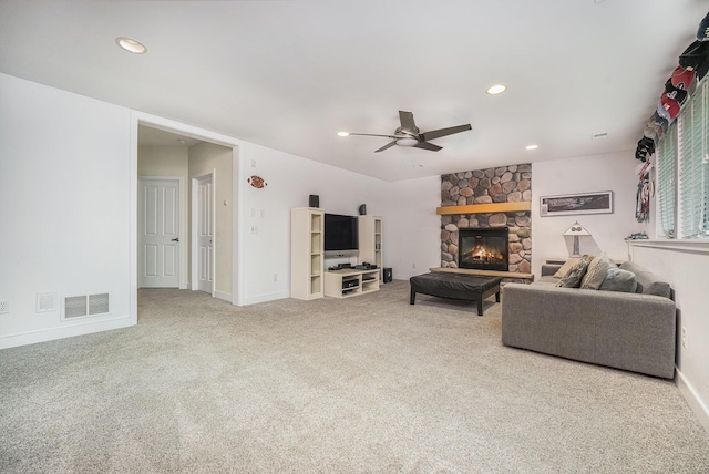 9266 Maricopa Trl, Kalamazoo, MI 49009 - carpeted living room with a ceiling fan, a fireplace, recessed lighting, and baseboards