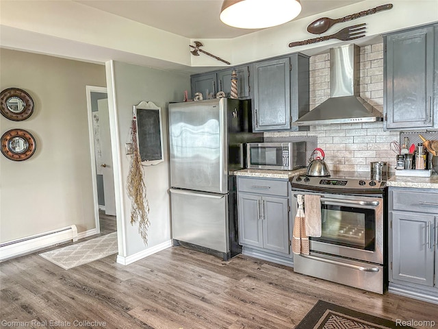 2109 S Lakeshore Rd, Harbor Beach, MI 48441 - kitchen featuring stainless steel appliances, wall chimney range hood, gray cabinets, and tasteful backsplash