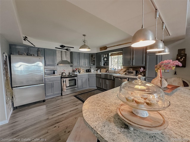 2109 S Lakeshore Rd, Harbor Beach, MI 48441 - kitchen with appliances with stainless steel finishes, wall chimney exhaust hood, light wood-type flooring, gray cabinets, and light countertops