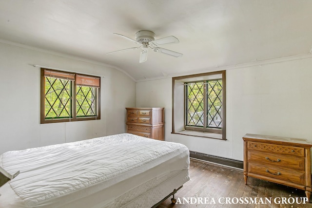5011 Rosabelle Beach Ave, Holland, MI 49424 - bedroom featuring wood-type flooring, vaulted ceiling, multiple windows, crown molding, and a ceiling fan