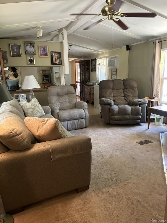 2999 Copeland Rd, Port Austin, MI 48467 - living room featuring lofted ceiling, ceiling fan, carpet floors, and a wall mounted AC