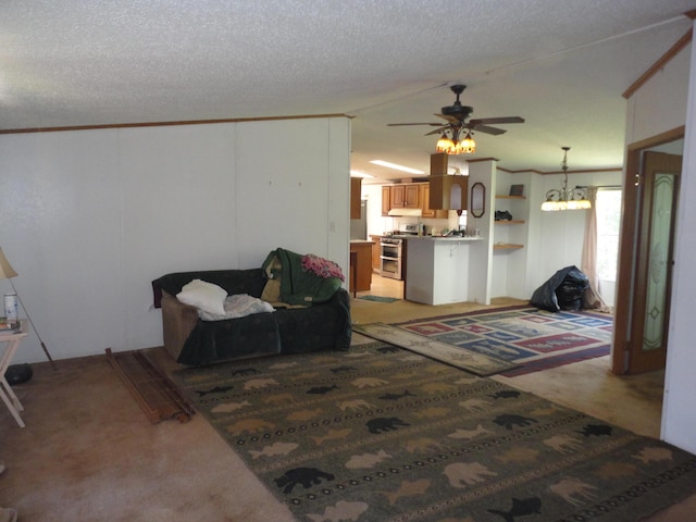 5925 113th Ave, Pullman, MI 49450 - living area featuring ceiling fan, crown molding, light colored carpet, lofted ceiling, and a textured ceiling