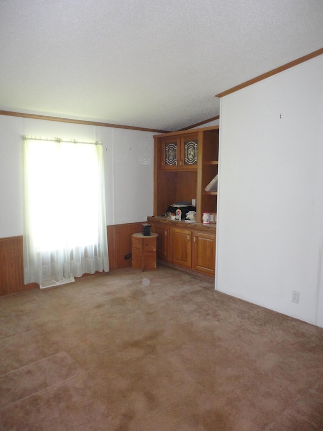 5925 113th Ave, Pullman, MI 49450 - unfurnished living room featuring crown molding, a wainscoted wall, light colored carpet, and wooden walls