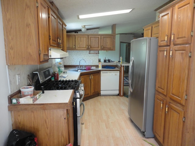 5925 113th Ave, Pullman, MI 49450 - kitchen with appliances with stainless steel finishes, a sink, under cabinet range hood, vaulted ceiling, and light wood finished floors