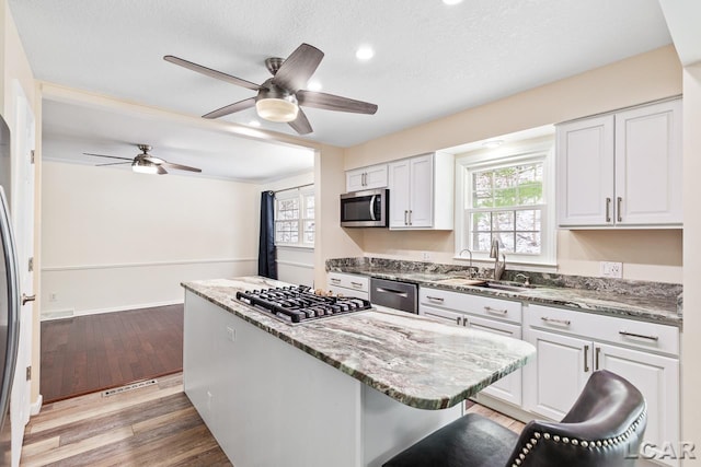 1706 Southgate Ct, Adrian, MI 49221 - kitchen featuring appliances with stainless steel finishes, a sink, a kitchen island, a ceiling fan, and light stone countertops