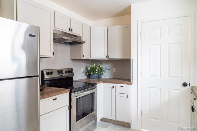 16230 Santa Rosa Dr, Detroit, MI 48221 - kitchen featuring stainless steel appliances, under cabinet range hood, white cabinetry, and decorative backsplash