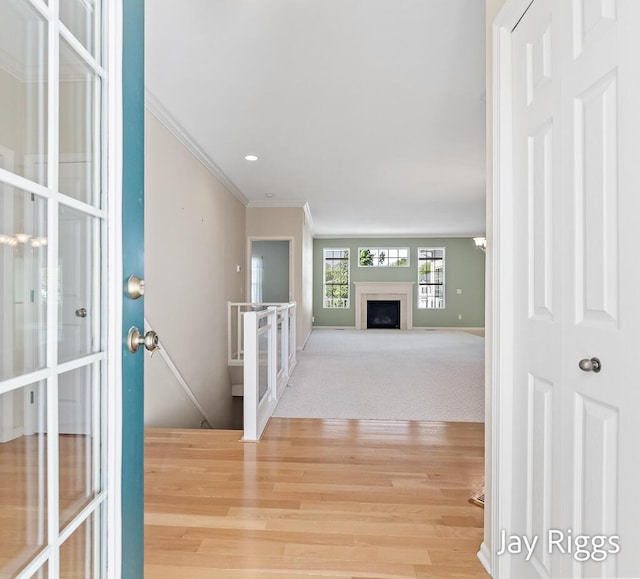 2632 E Turning Leaf Way Unit 111, Fruitport, MI 49415 - hallway with crown molding, french doors, wood finished floors, baseboards, and an upstairs landing