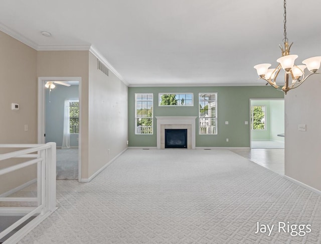 2632 E Turning Leaf Way Unit 111, Fruitport, MI 49415 - unfurnished living room with ornamental molding, carpet floors, a fireplace with flush hearth, a chandelier, and plenty of natural light