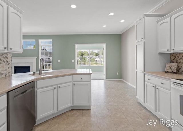 2632 E Turning Leaf Way Unit 111, Fruitport, MI 49415 - kitchen featuring dishwasher, a sink, crown molding, decorative backsplash, and light countertops