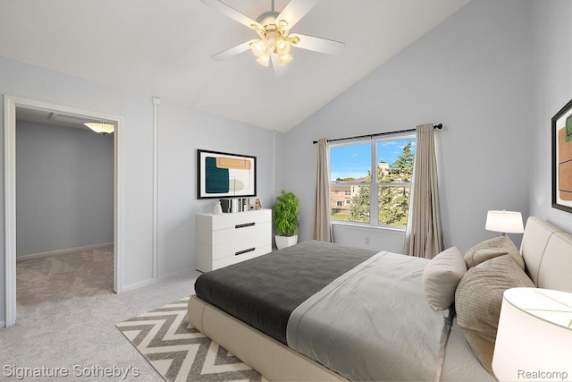 31190 Kingsley Ct, Novi, MI 48377 - bedroom featuring light carpet, high vaulted ceiling, and a ceiling fan