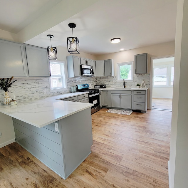 2109 Schippers Ln, Kalamazoo, MI 49048 - kitchen with stainless steel appliances, gray cabinets, decorative backsplash, a peninsula, and light wood finished floors
