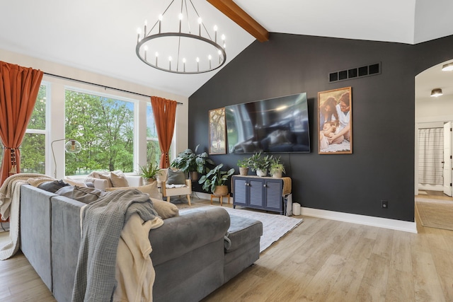 1819 Gloryfield Dr SW, Byron Center, MI 49315 - living room featuring arched walkways, beamed ceiling, high vaulted ceiling, wood finished floors, and a chandelier