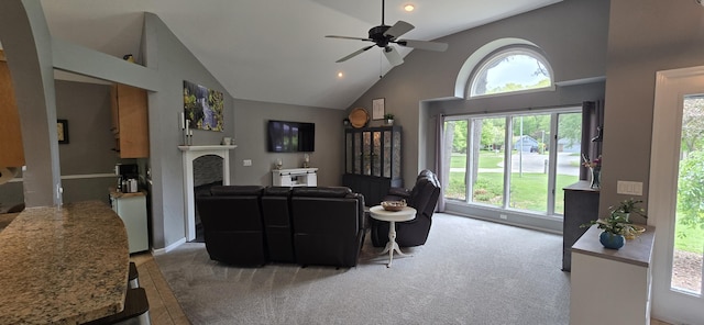 4447 Deer Creek Dr, Norton Shores, MI 49441 - living area with high vaulted ceiling, carpet floors, plenty of natural light, and a fireplace