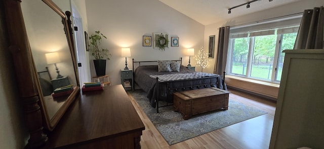 4447 Deer Creek Dr, Norton Shores, MI 49441 - bedroom with lofted ceiling, wood finished floors, and rail lighting