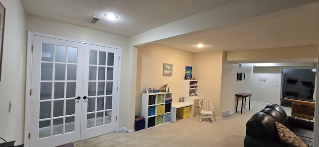 4447 Deer Creek Dr, Norton Shores, MI 49441 - living area featuring carpet, french doors, a textured ceiling, baseboards, and recessed lighting
