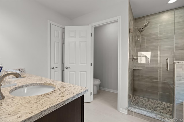 52690 Char Marie, Macomb, MI 48042 - bathroom with vanity, a stall shower, toilet, tile patterned floors, and baseboards