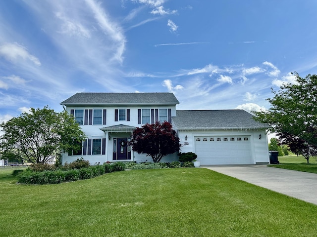 5960 Vrana Dr, Berrien Springs, MI 49103 - view of front facade with concrete driveway, a front yard, an attached garage, and a shingled roof