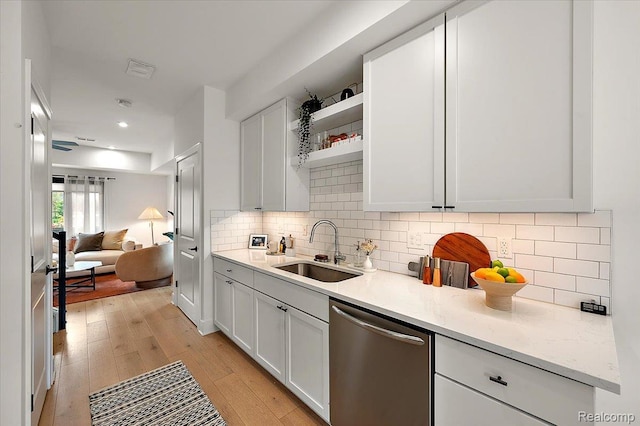 3303 Cochrane, Detroit, MI 48208 - kitchen featuring dishwasher, a sink, open shelves, light wood-style flooring, and white cabinets