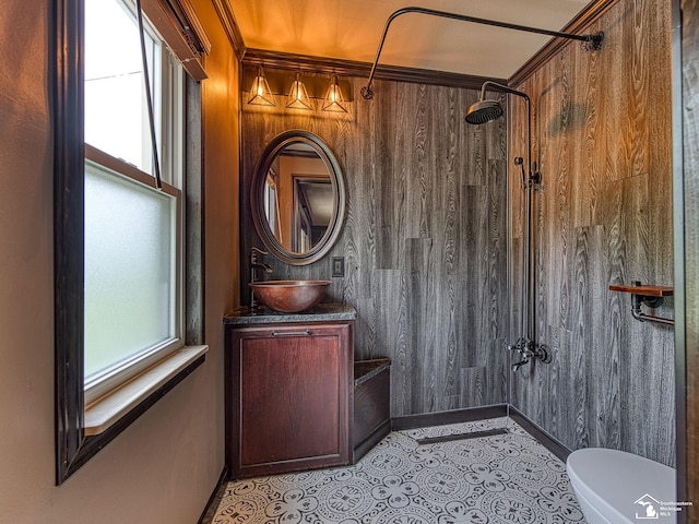 22933 Monterey Dr, Woodhaven, MI 48183 - bathroom with plenty of natural light, toilet, a shower, vanity, and wooden walls
