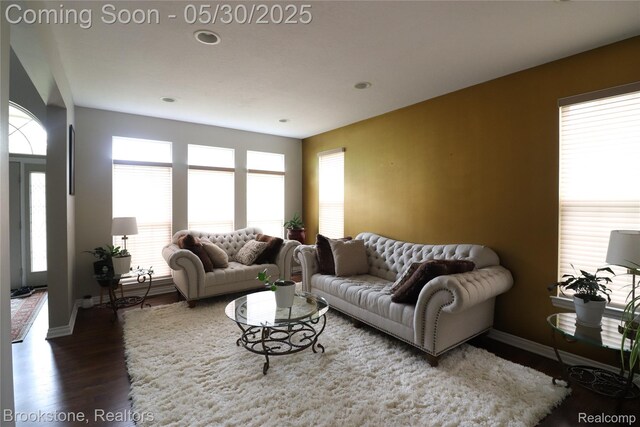 13961 Cobblestone Creek Dr, Belleville, MI 48111 - living room with wood finished floors, baseboards, and recessed lighting