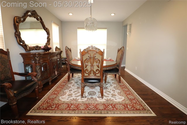 13961 Cobblestone Creek Dr, Belleville, MI 48111 - dining space featuring dark wood-style floors, baseboards, a chandelier, and recessed lighting