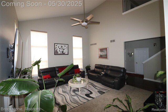 13961 Cobblestone Creek Dr, Belleville, MI 48111 - living area featuring carpet, a ceiling fan, and high vaulted ceiling