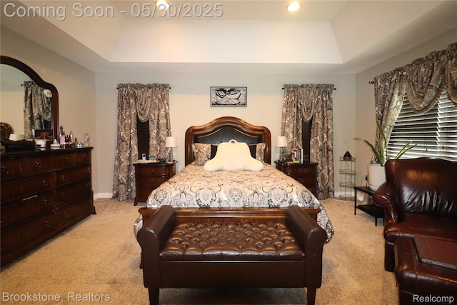 13961 Cobblestone Creek Dr, Belleville, MI 48111 - bedroom with light carpet, a tray ceiling, baseboards, and recessed lighting