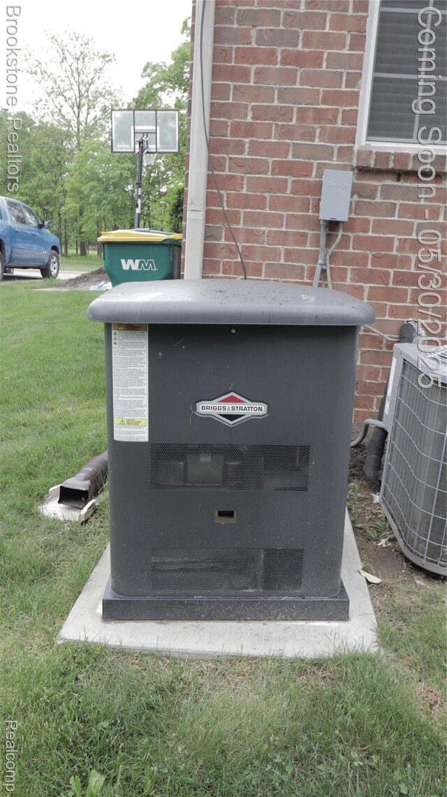 13961 Cobblestone Creek Dr, Belleville, MI 48111 - exterior view of a power unit, central air condition unit, brick siding, and pet washing station