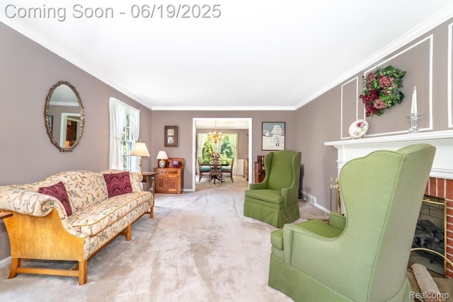 18410 Fermanagh Ct, Northville, MI 48168 - living area featuring a fireplace, ornamental molding, carpet, and a chandelier